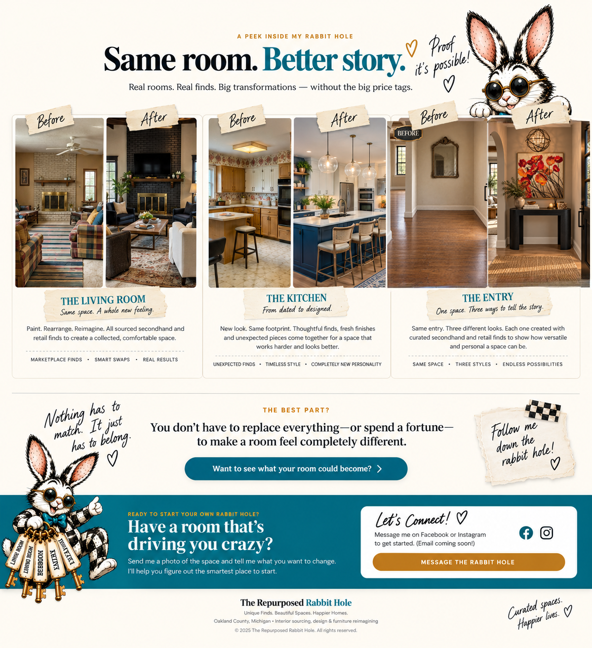 Living room, kitchen and entry before and after transformations